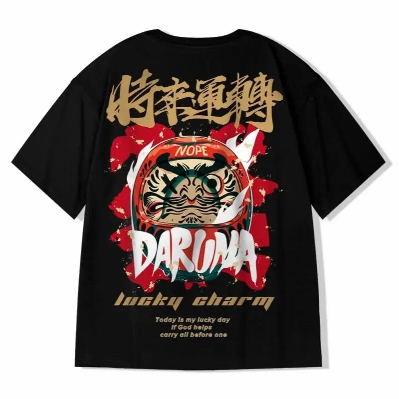 Chinese Style Lucky Daruma Oversized T-Shirts - Black / M