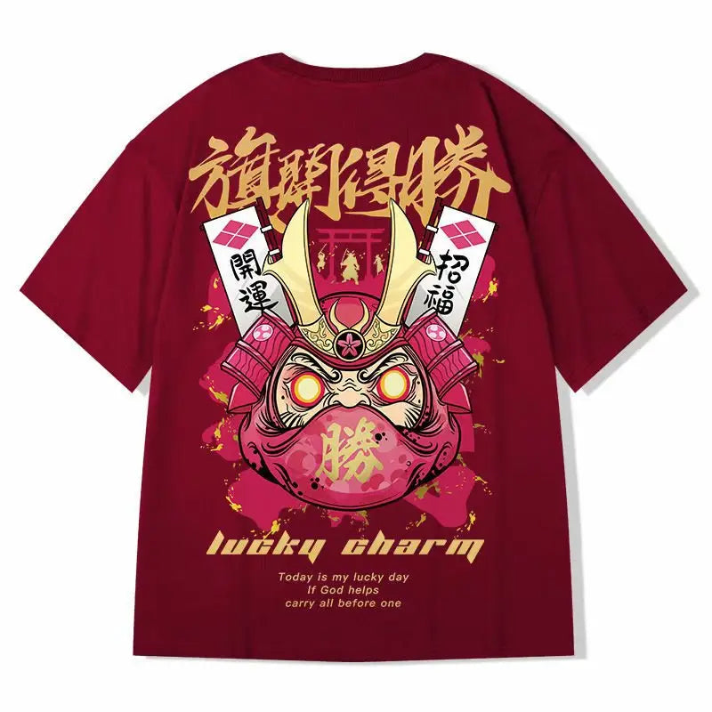 Chinese Style Lucky Daruma Oversized T-Shirts - Burgundy