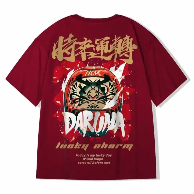 Chinese Style Lucky Daruma Oversized T-Shirts - Red / M
