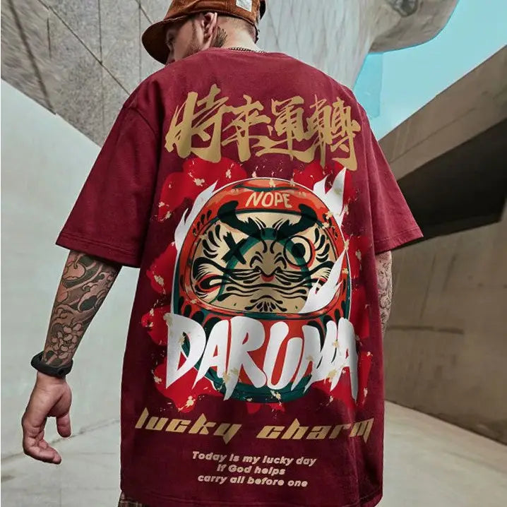 Chinese Style Lucky Daruma Oversized T-Shirts - T-Shirt