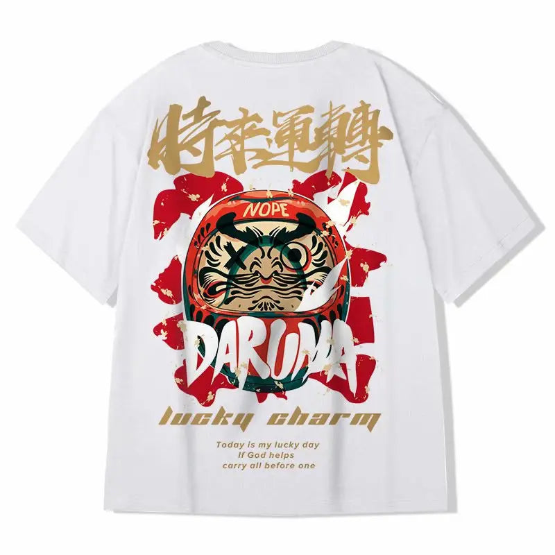 Chinese Style Lucky Daruma Oversized T-Shirts - White / M
