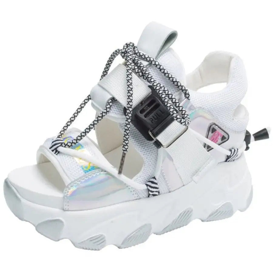 Chunky Buckle Neon Sandals - White / 34