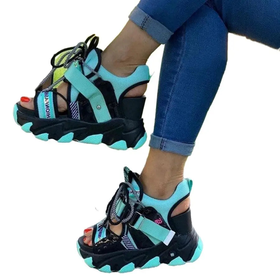 Chunky Buckle Punk Sandals Platform Heels Euro Size Blue