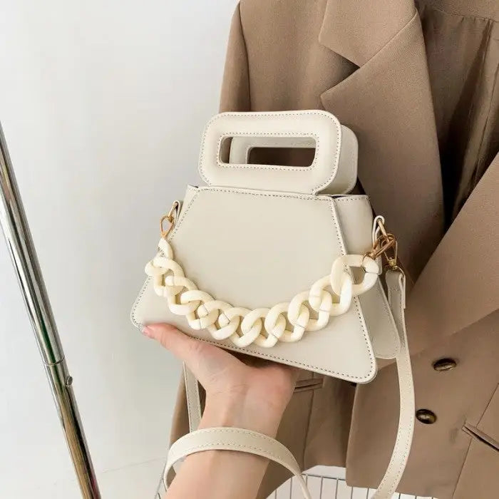 Chunky Chain Faux Leather Crossbody Shoulder Bag Beige