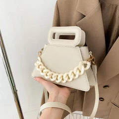 Chunky Chain Faux Leather Crossbody Shoulder Bag Beige