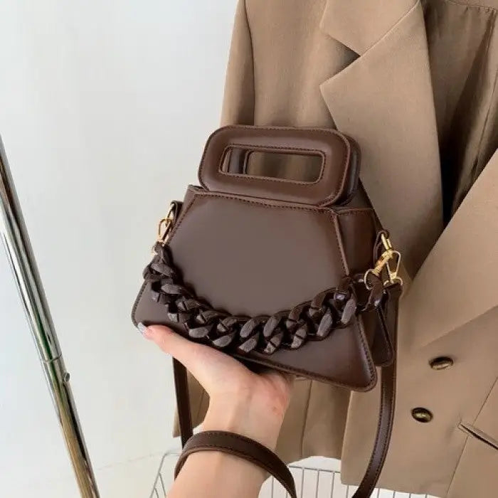 Chunky Chain Faux Leather Crossbody Shoulder Bag Coffee
