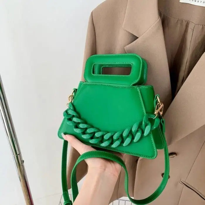 Chunky Chain Faux Leather Crossbody Shoulder Bag Green
