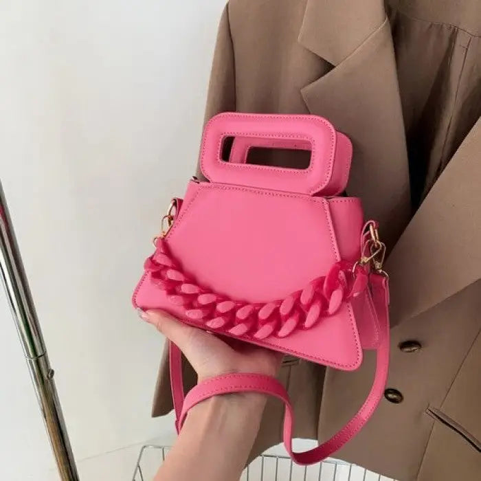 Chunky Chain Faux Leather Crossbody Shoulder Bag Pink