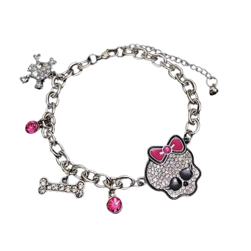 Chunky Chain Pink Ribbon Cute Bone Skull Bracelet / Silver