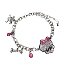Chunky Chain Pink Ribbon Cute Bone Skull Bracelet / Silver