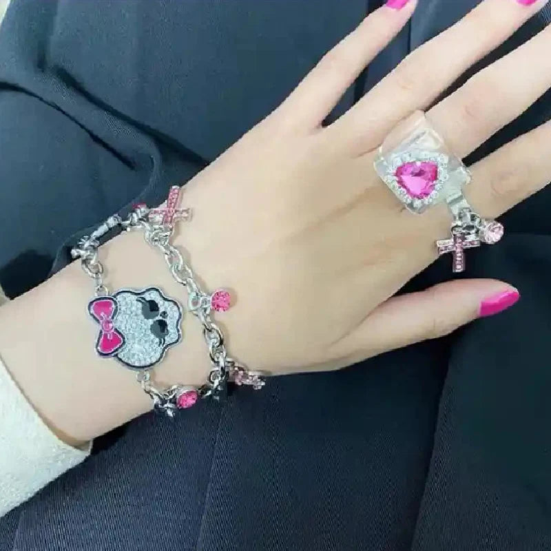 Chunky Chain Pink Ribbon Cute Bone Skull Bracelet / Silver