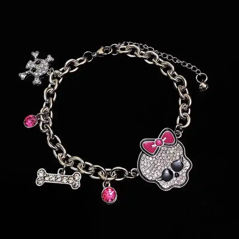 Chunky Chain Pink Ribbon Cute Bone Skull Bracelet / Silver