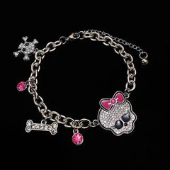 Chunky Chain Pink Ribbon Cute Bone Skull Bracelet / Silver