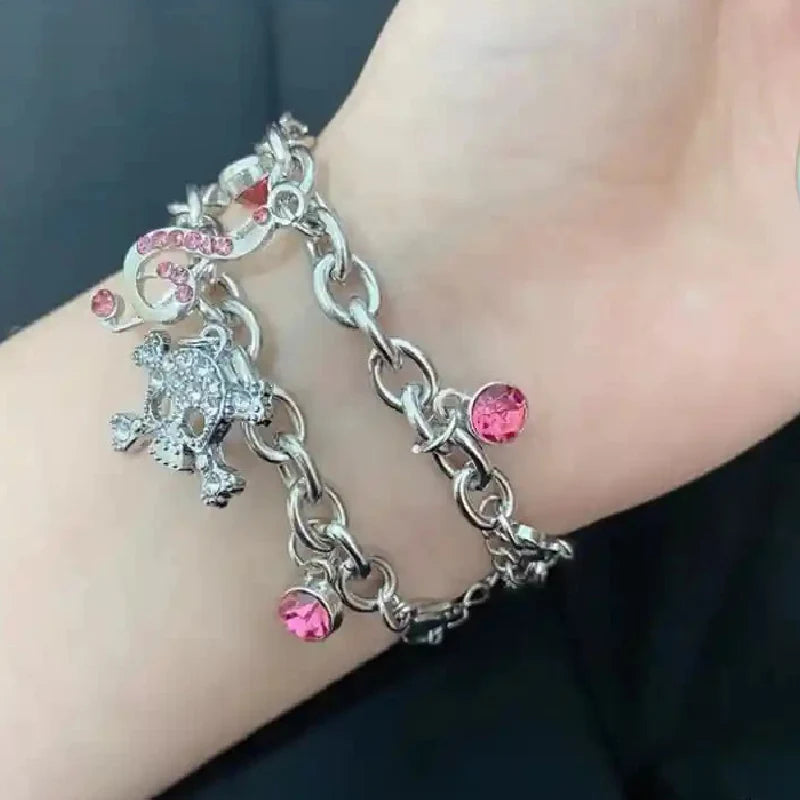 Chunky Chain Pink Ribbon Cute Bone Skull Bracelet / Silver