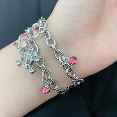 Chunky Chain Pink Ribbon Cute Bone Skull Bracelet / Silver