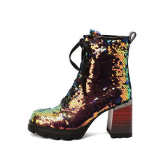 Chunky Heel Sequined Platform Boots Euro Size Golden