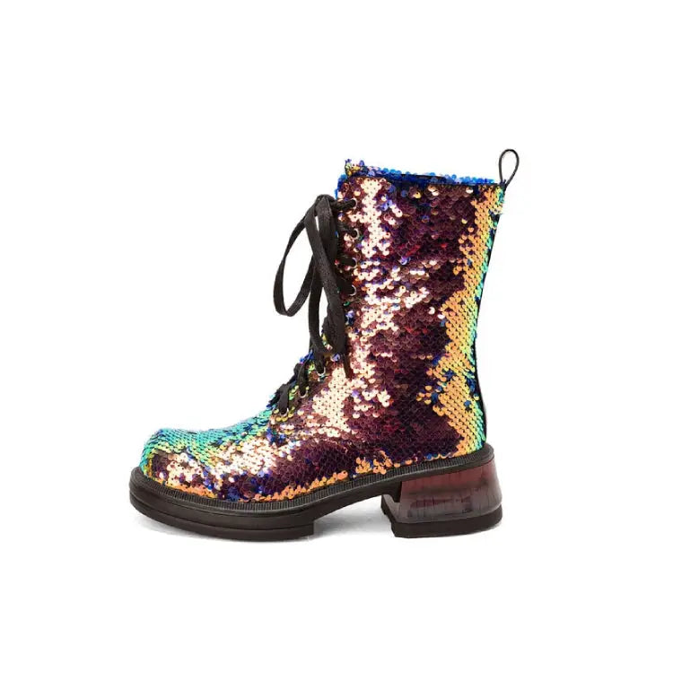 Chunky Heel Sequined Platform Boots Euro Size Golden / 35