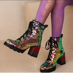 Chunky Heel Sequined Platform Boots Euro Size