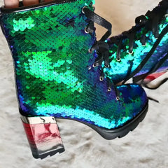 Chunky Heel Sequined Platform Boots Euro Size