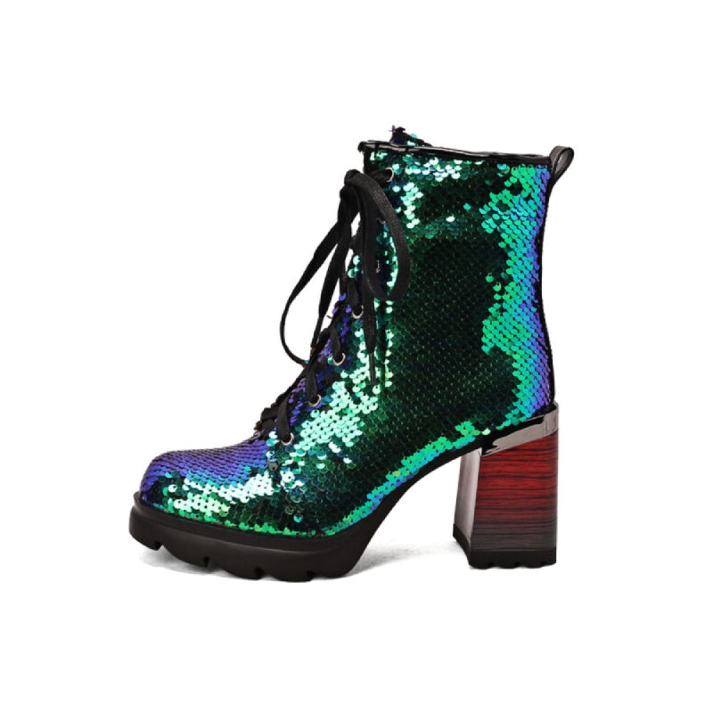 Chunky Heel Sequined Platform Shoes - Green / 35