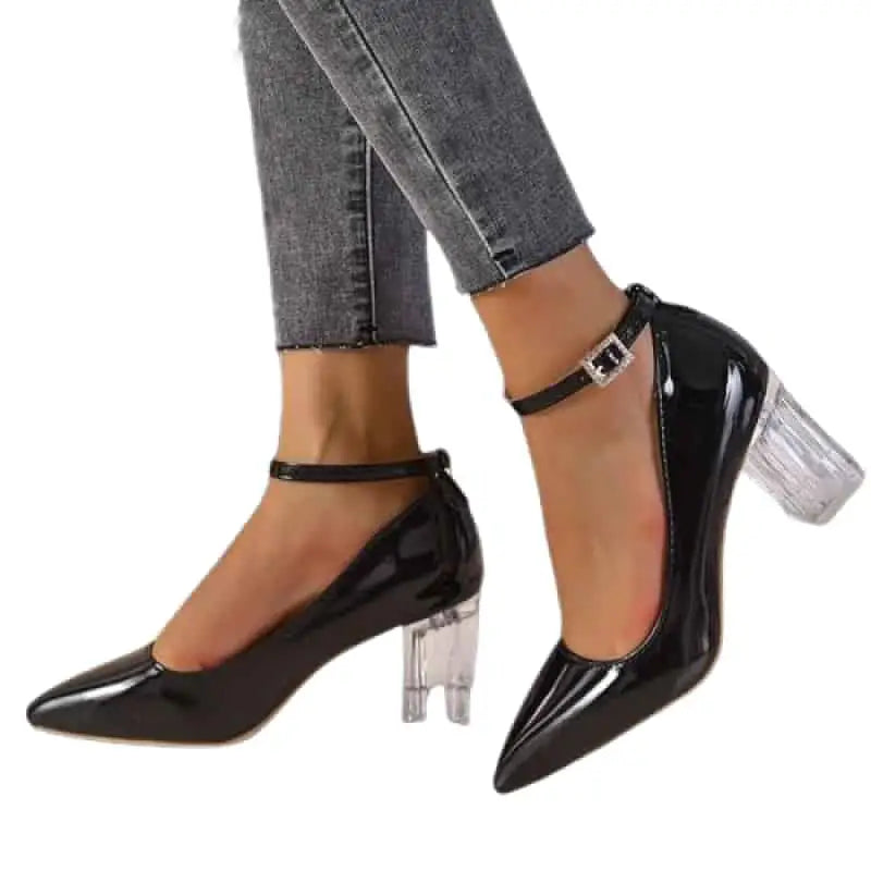 Chunky Heel Shoes with Thin Toe and Chain