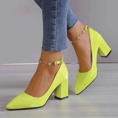 Chunky Heel Shoes with Thin Toe and Chain - Green / 33