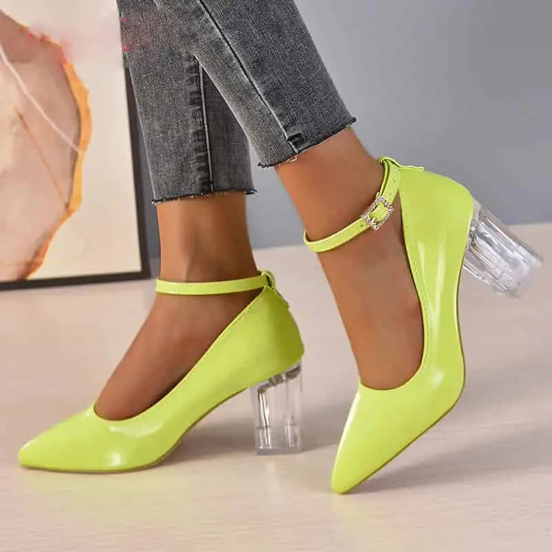 Chunky Heel Shoes with Thin Toe and Chain - Green-Pimp / 33