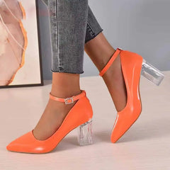 Chunky Heel Shoes with Thin Toe and Chain