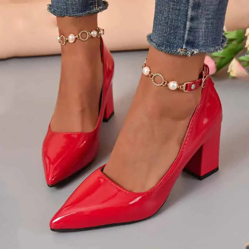 Chunky Heel Shoes with Thin Toe and Chain - Red / 33