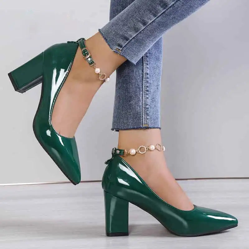 Chunky Heels Shoes with Pointed Toe and Bling Crystals Dark