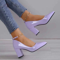 Chunky Heels Shoes with Pointed Toe and Bling Crystals