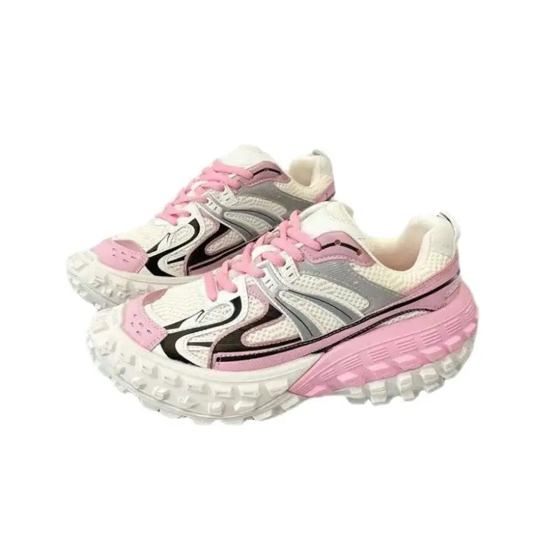 Chunky Lace Up Platform Vulcanized Sneakers - Pink / 35