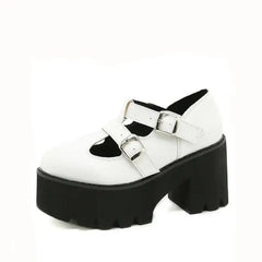 Chunky Loafers Platform Heels Buckle Strap Shoes - White