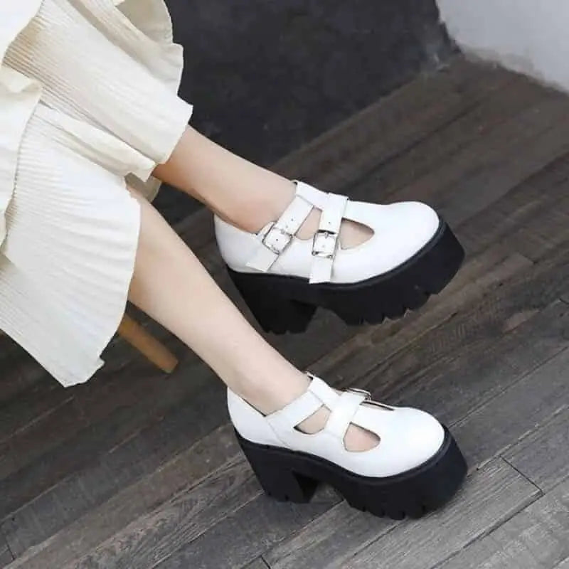 Chunky Loafers Platform Heels with Buckle Strap