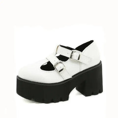 Chunky Loafers Platform Heels with Buckle Strap White / 35