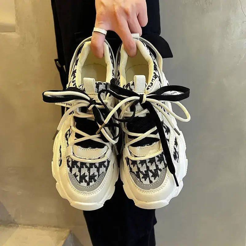 Chunky Plaid Pattern Double Lace Up Sneakers