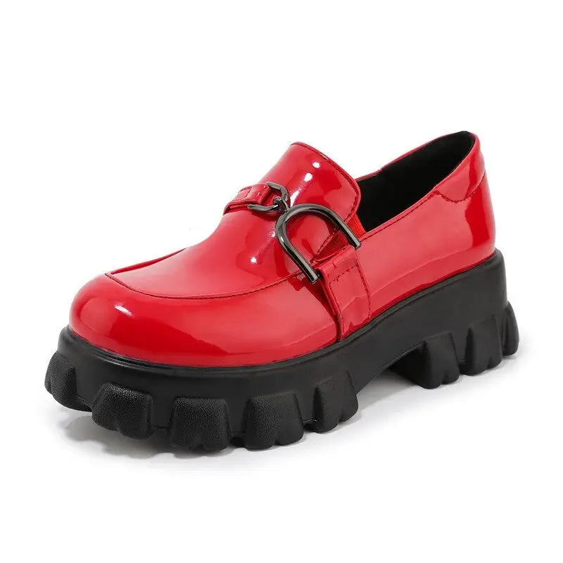 Chunky Platform and Buckle Loafers - Black-Red / 5