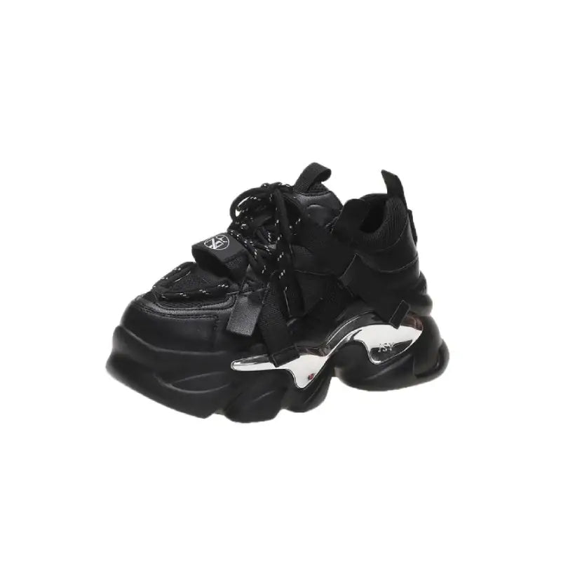 Chunky Platform Metal Strap Lace Up Sneakers - Black / 35