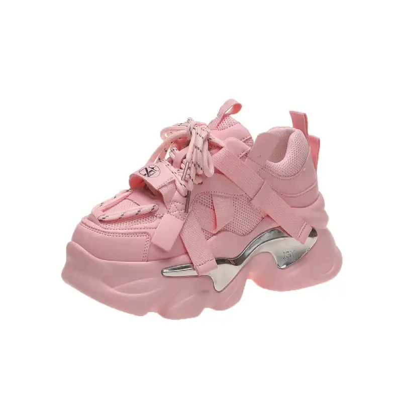 Chunky Platform Metal Strap Lace Up Sneakers - Pink / 35