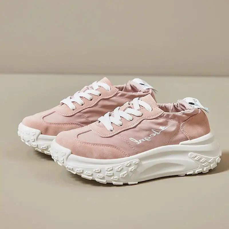 Chunky Platform Thick Soled Lace Up Sneakers - Pink / 35