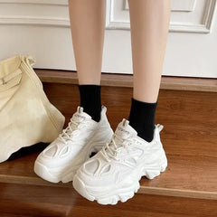 Chunky Platform Vulcanize Lace Up Sneakers - Beige / 35