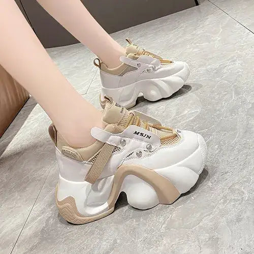 Chunky PU Lace Up Platform Sneakers - Beige / 34