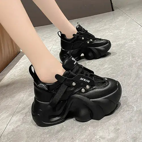 Chunky PU Lace Up Platform Sneakers - Black / 34