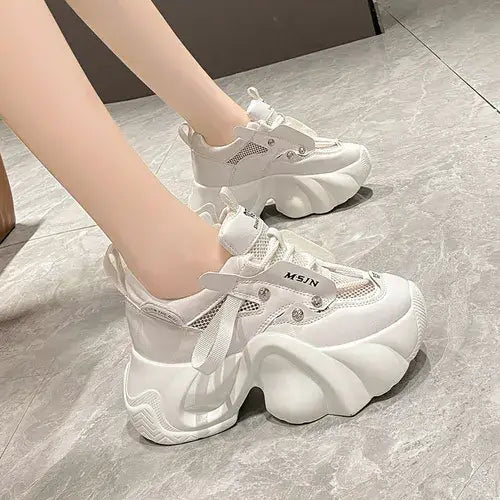 Chunky PU Lace Up Platform Sneakers - White / 34