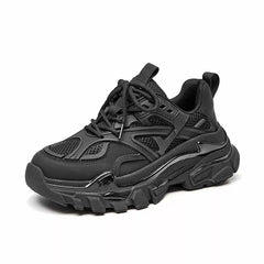 Chunky Round Toe Lace Up Thick Sole Sneakers - Black / 5