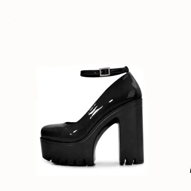 Chunky Square Heel Ankle Strap Platform Pumps Black / 6