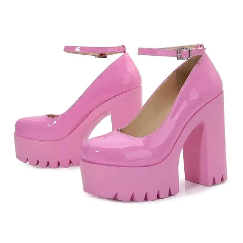 Chunky Square Heel Ankle Strap Platform Pumps Pink / 6