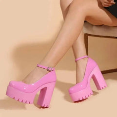 Chunky Square Heel Ankle Strap Platform Pumps