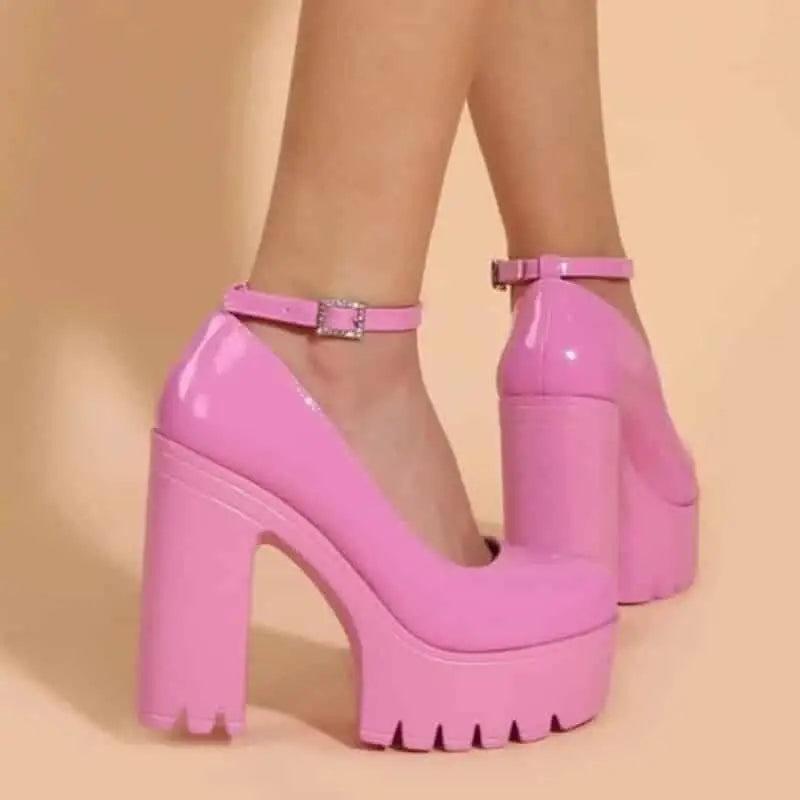 Chunky Square Heel Ankle Strap Platform Pumps