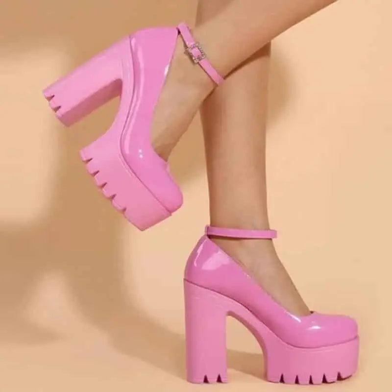 Chunky Square Heeled Ankle Strap Platform Pumps - Shoes